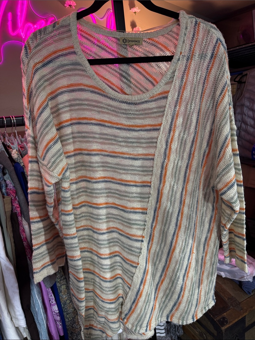 Democracy Cream Striped Scoop Neck Sweater with Asymmetrical Hem L
